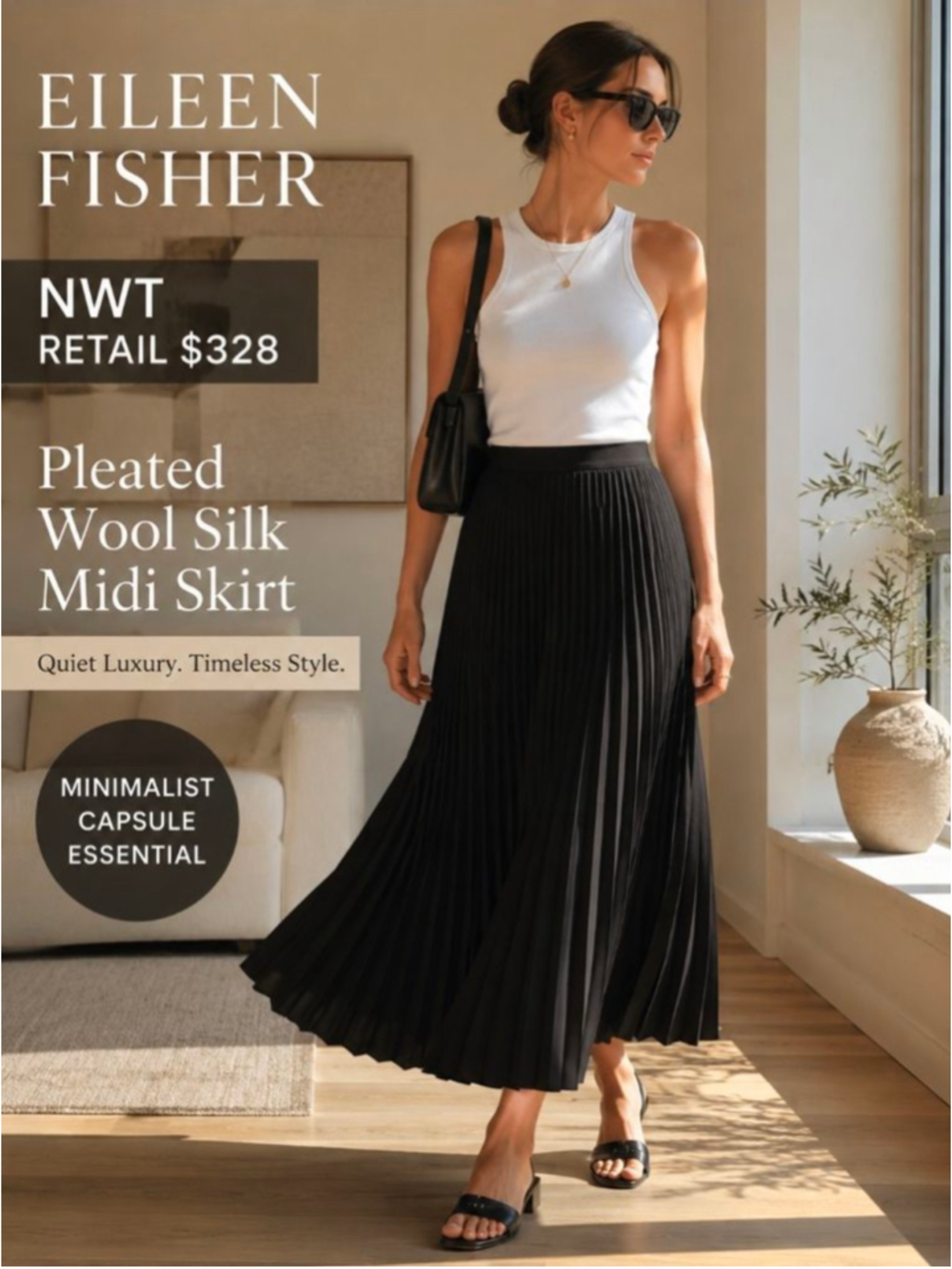 Eileen Fisher Black Pleated Wool Silk Midi Skirt NWT Quiet Luxury Minimalist S